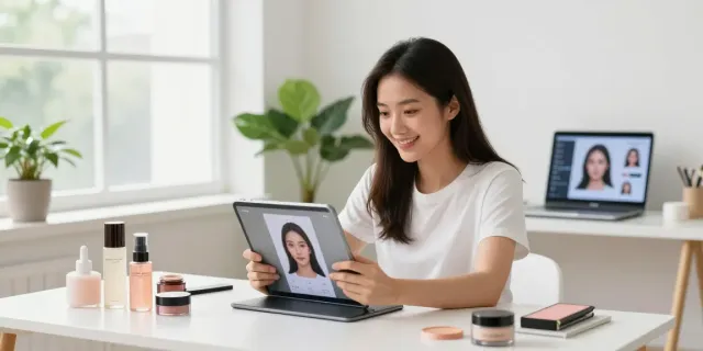 Alternatives to QOVES: Woman using facial analysis app in a bright, modern beauty studio.