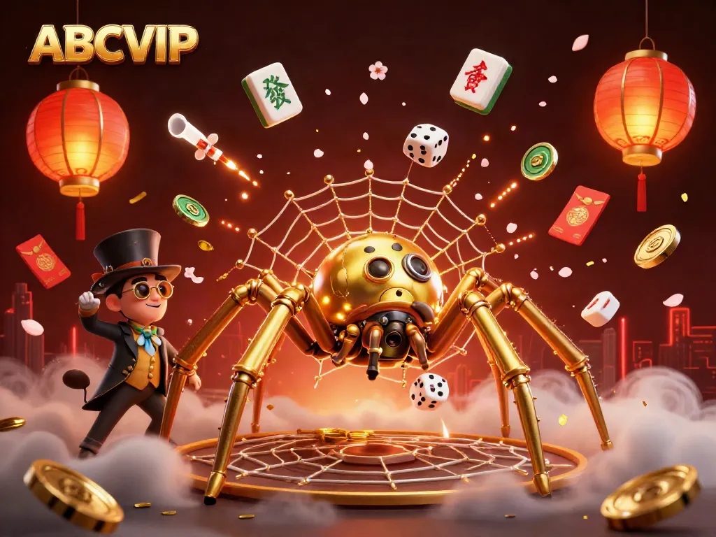 Experience vibrant gaming action with ABCVIP, featuring a whimsical steampunk spider and captivating casino elements.