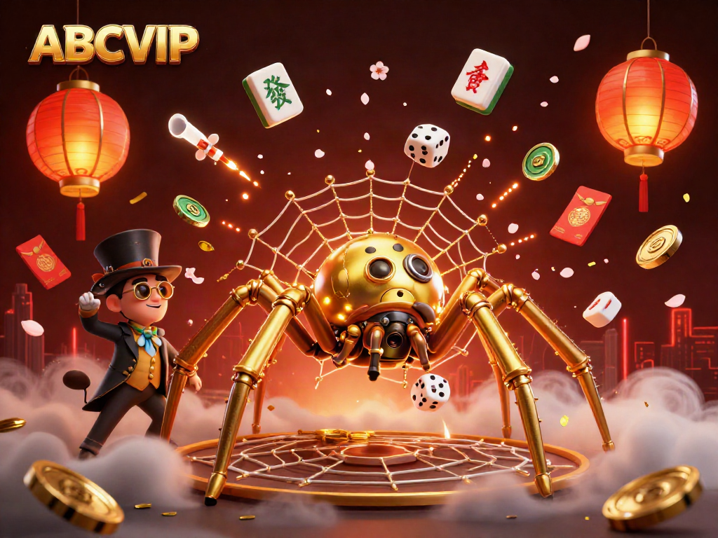 Experience vibrant gaming action with ABCVIP, featuring a whimsical steampunk spider and captivating casino elements.