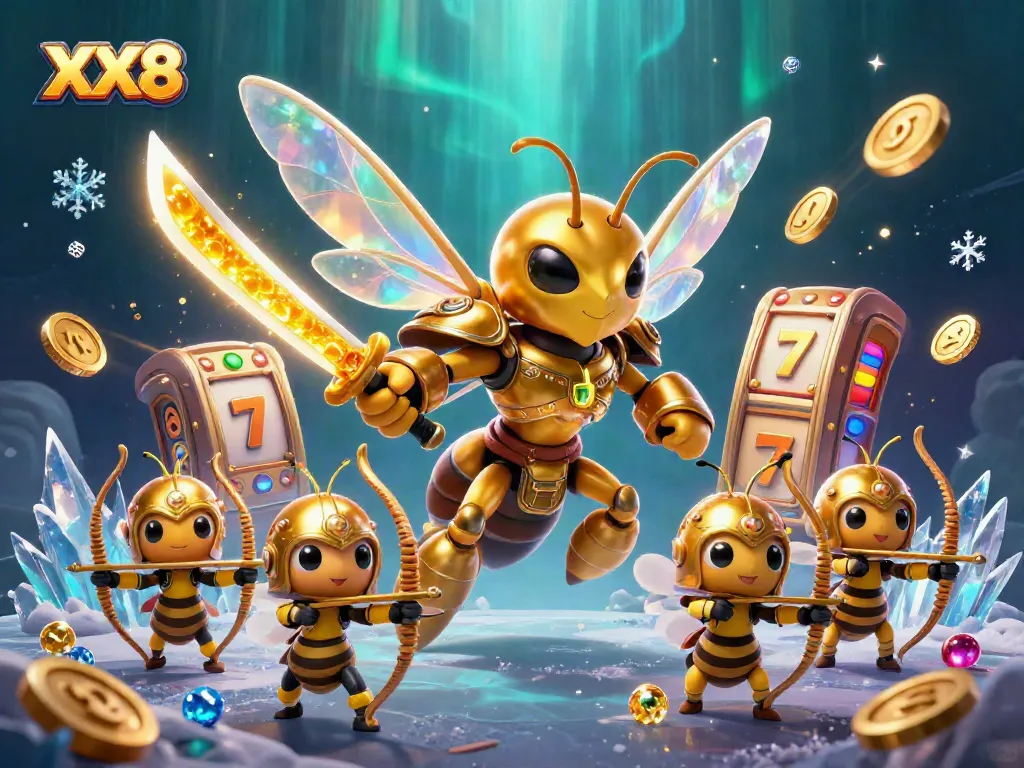 Engage in XX8's thrilling slots with a cartoon hornet samurai leading bee archers in a vibrant casino scene.