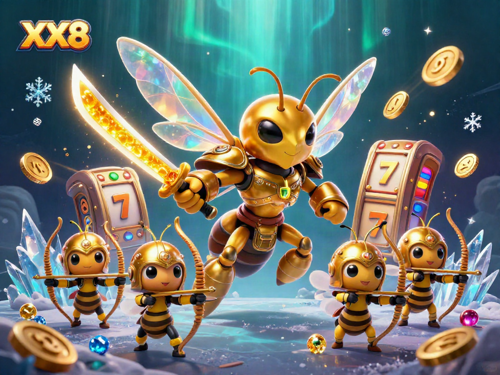 Engage in XX8's thrilling slots with a cartoon hornet samurai leading bee archers in a vibrant casino scene.