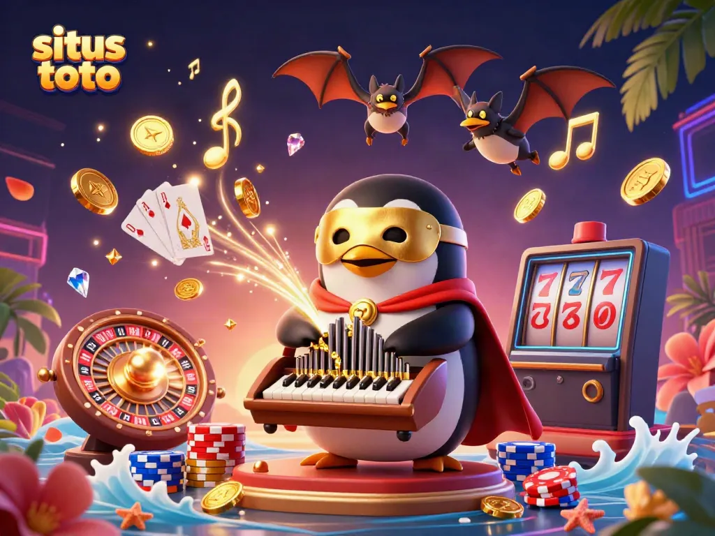 Experience excitement and wins at situs toto, with a vibrant scene featuring a penguin organist and gold coins cascading around.