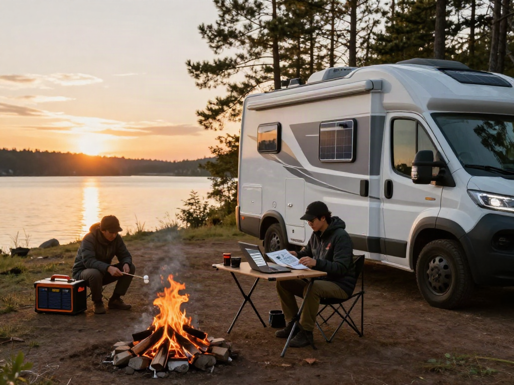 Outdoor RV campsite with camper van and solar setup highlighting rv lithium battery advantages for off-grid travel.