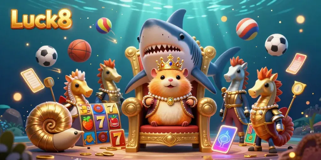 Experience thrilling gaming with Luck8's vibrant underwater casino scene featuring a hamster king and 3D gambling elements.