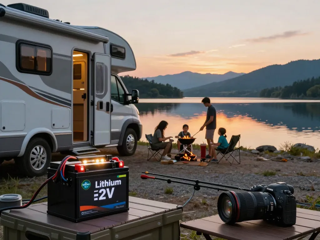 12V Lithium Batteries powering an RV by a scenic lakeside during sunset, showcasing outdoor adventure.