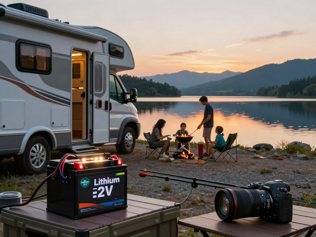 12V Lithium Batteries powering an RV by a scenic lakeside during sunset, showcasing outdoor adventure.