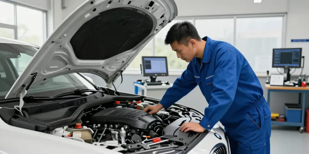 Expert mechanic working on a BMW engine in Hannover, showcasing professional service for bmw steuerkette hannover.