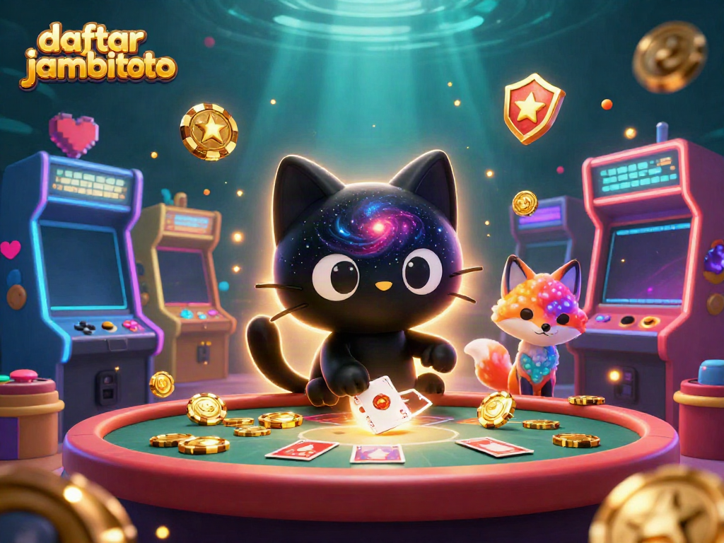 Engage in winning strategies at daftar jambitoto with this cosmic casino scene featuring a black hole cat and vibrant game icons.
