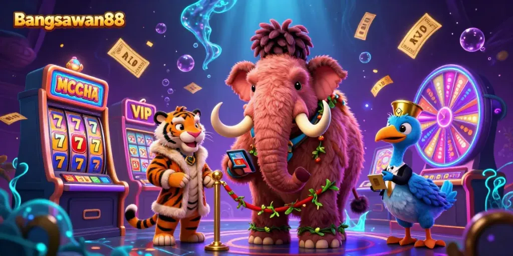 Bangsawan88 combines vibrant casino elements with cartoon characters, showcasing an engaging gambling scene.
