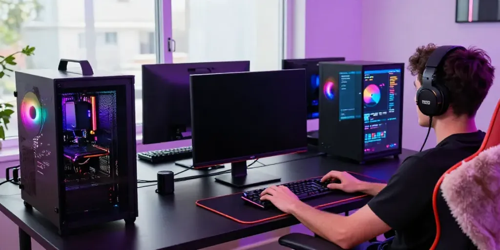 Engaged gamer playing PESGSLOT on vibrant gaming setup