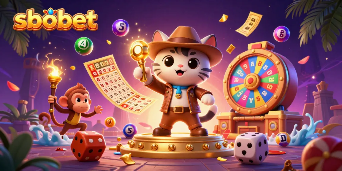 Place bets on sbobet with a dynamic scene showcasing colorful casino elements and adventurous characters.