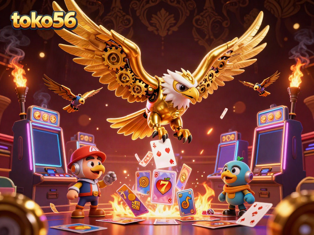 Visualisasi menarik dari toko56 yang menampilkan slot modern dan simbol keberuntungan emas.
