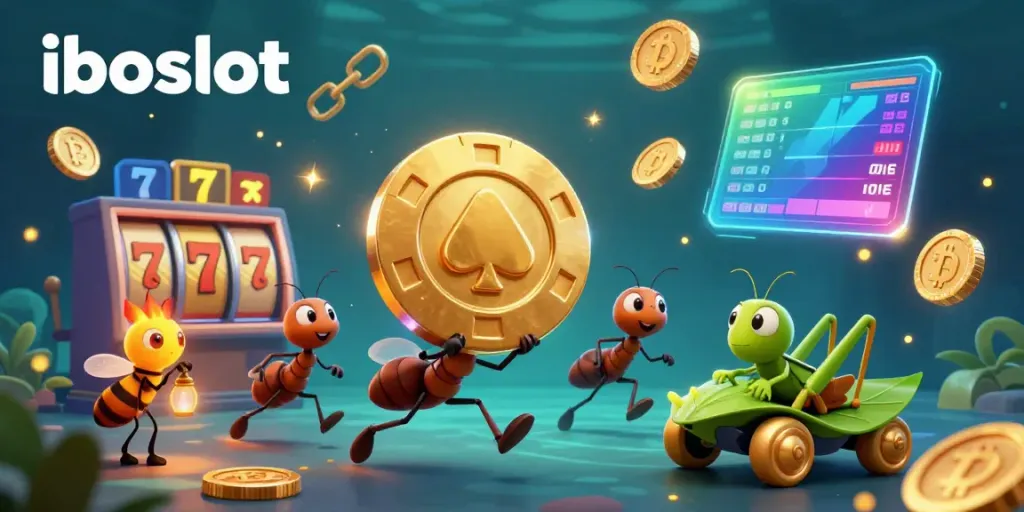 Engaging ant heist scene featuring iboslot-themed slot machine elements and cryptocurrency visuals.