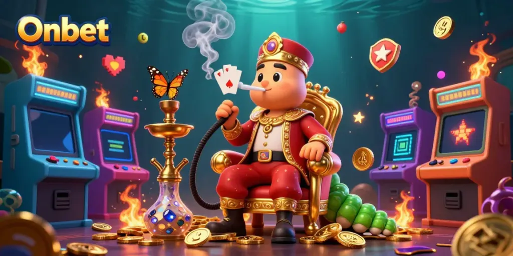 Experience Onbet's vibrant gambling world with a 3D caterpillar hookah-master and dynamic game elements.