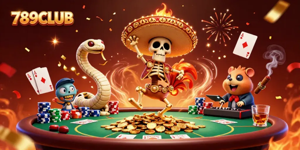 Engage in thrilling gameplay at 789CLUB, showcasing vibrant casino characters celebrating big wins and jackpots.