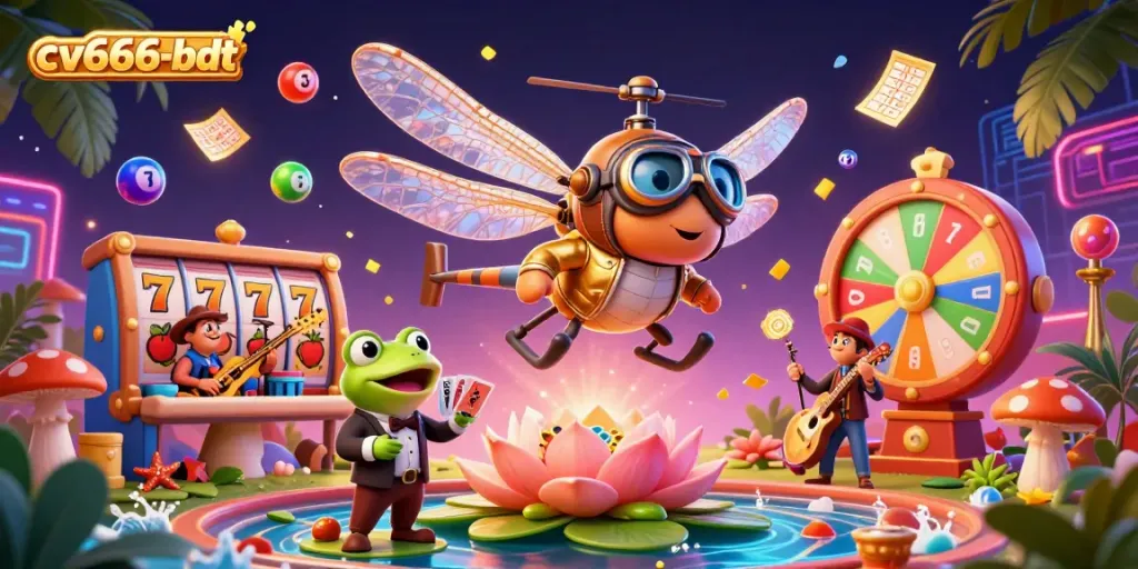 Engaging 3D illustration of cv666-bdt featuring a dragonfly pilot, frog croupier, and dynamic casino elements.