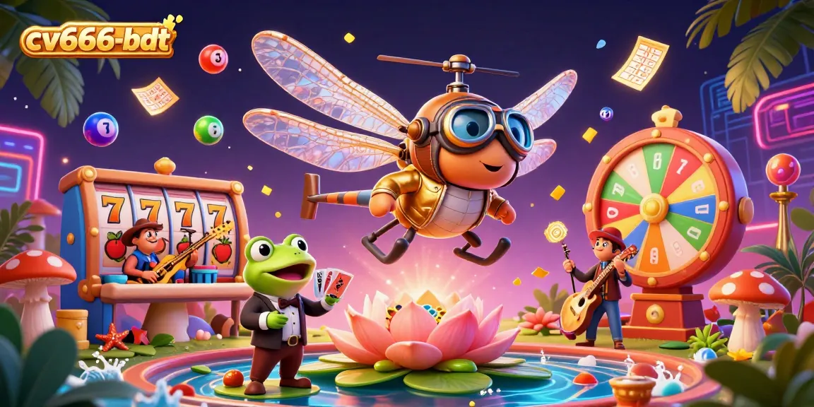 Engaging 3D illustration of cv666-bdt featuring a dragonfly pilot, frog croupier, and dynamic casino elements.