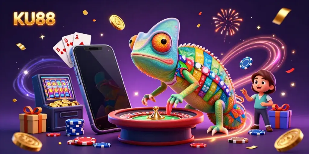 Engage with KU88's vibrant casino energy through a colorful 3D chameleon illustration.
