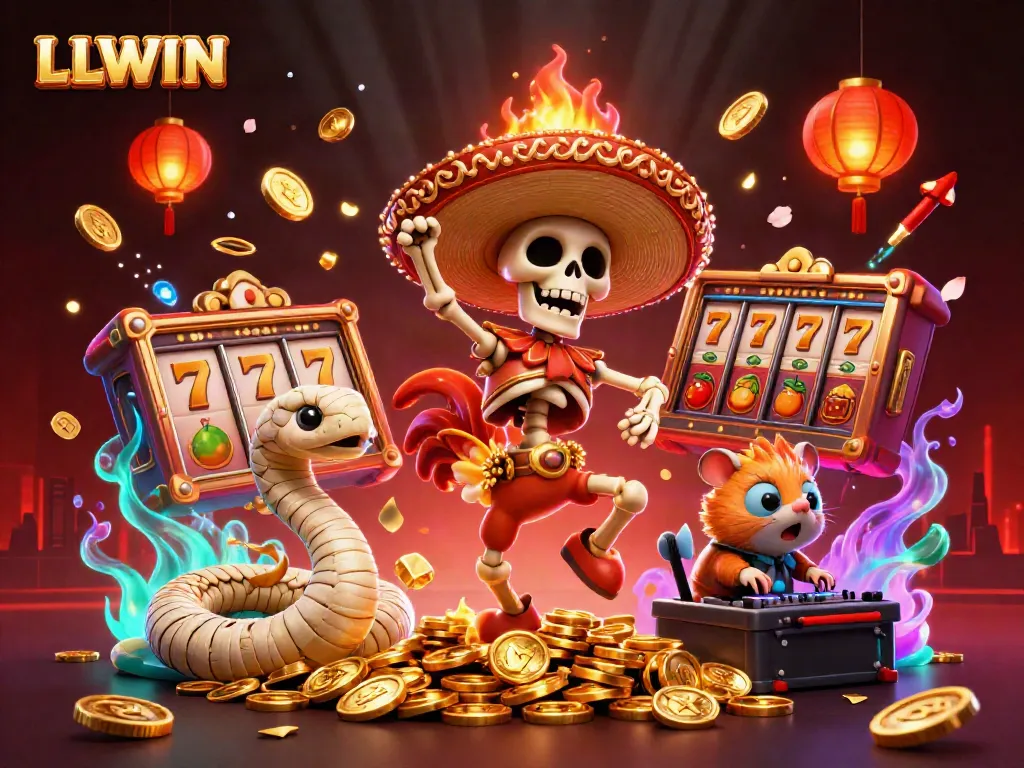 LLWIN themed illustration featuring a gaming rooster celebrating over golden coins with casino elements.