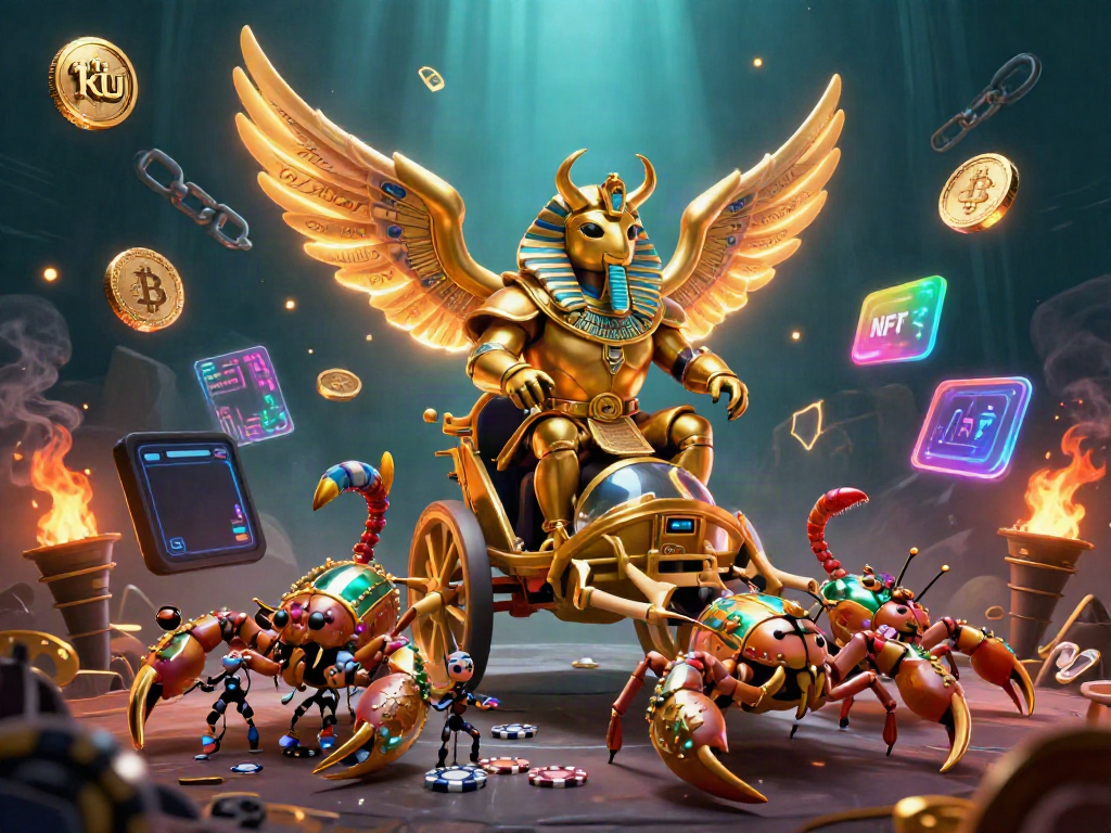 Thr ku platform features a dynamic illustration of golden scarab beetle chariot racing with digital gaming elements.