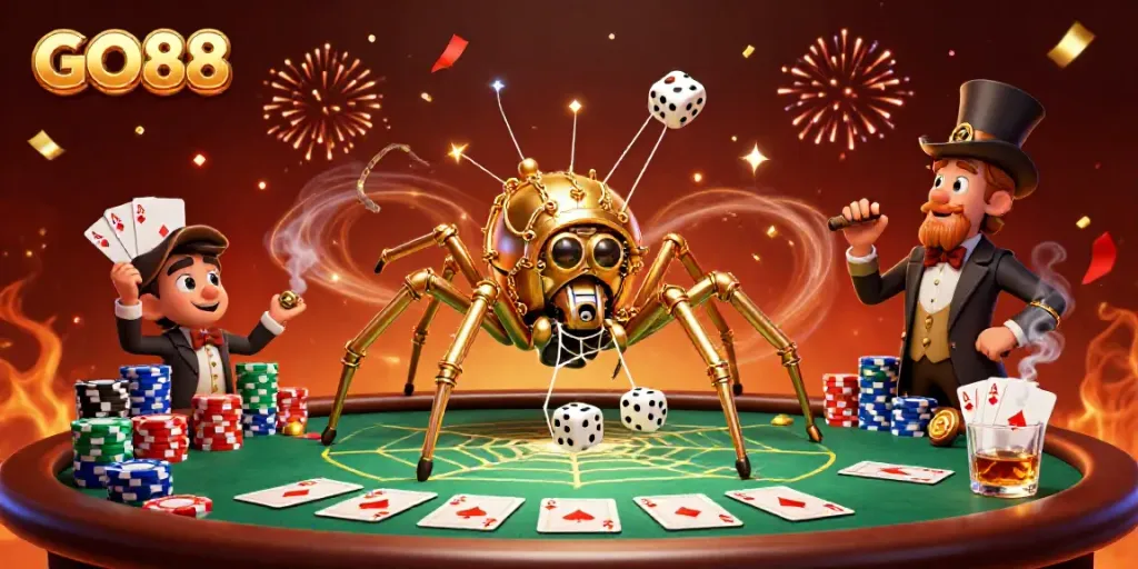 Experience GO88 excitement with a vibrant 3D casino scene filled with games, players, and dazzling elements.