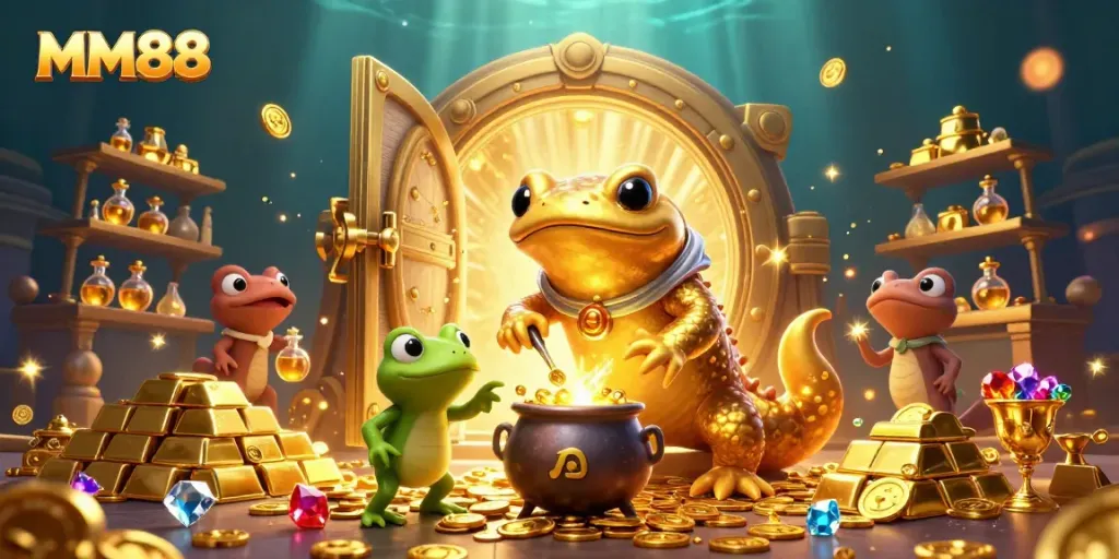 Experience magical gold transmutation at MM88 casino with enchanting characters and treasures.