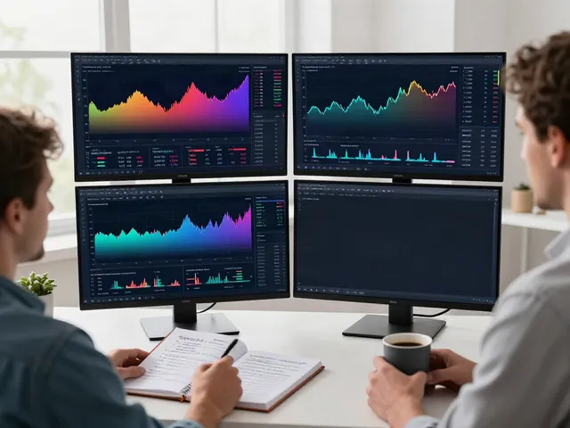 TradingView software displayed on multiple screens in a professional trading workspace.