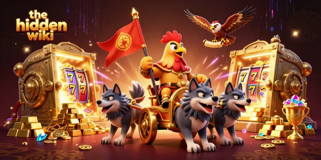 The hidden wiki showcases a vibrant casino scene with a golden war chariot, slot reels, and treasures bursting with light.