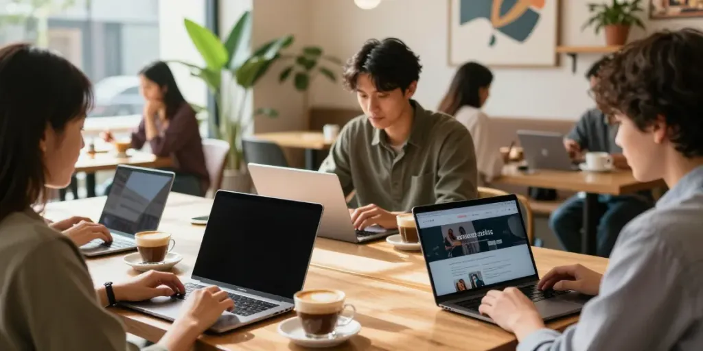Dynamic scene of people exploring 사이트모음 links in a modern café setting, highlighting digital connection and interaction.
