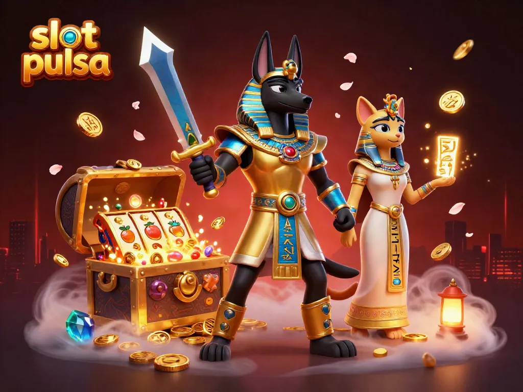 Gambar slot pulsa dengan karakter Anubis dan simbol judi yang berlimpah.